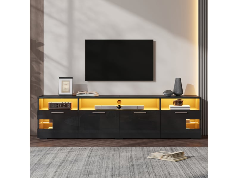  Meuble tv mural 180x35x45 cm - éclairage led contrôlable par application - mdf et panneaux de particules - noir CozyNest - Conforama B