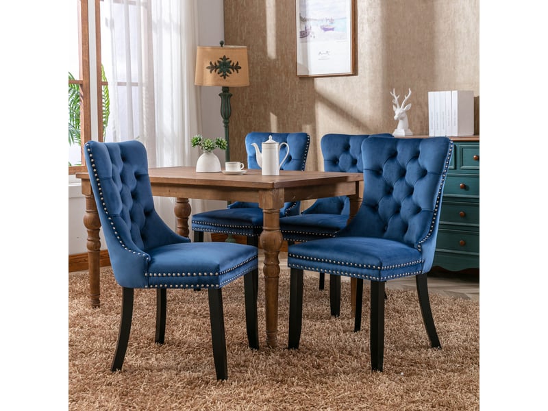  Lot de 2 chaises de salle à manger en velours bleu capitonnées pieds en bois massif et clous  - Conforama B