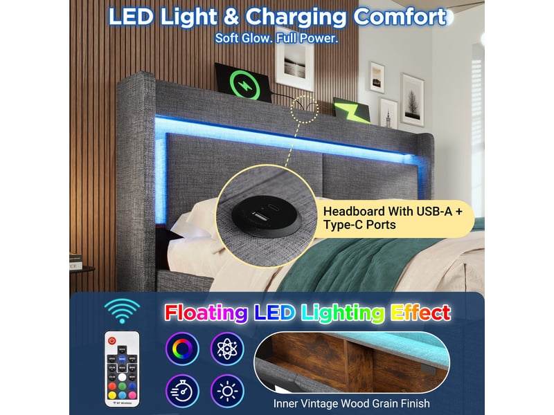 Lit coffre 140x200 cm, rangement hydraulique, tiroirs, tête de lit avec rangement, éclairage led, usb et usb-c pour chambre - gris  - Conforama E