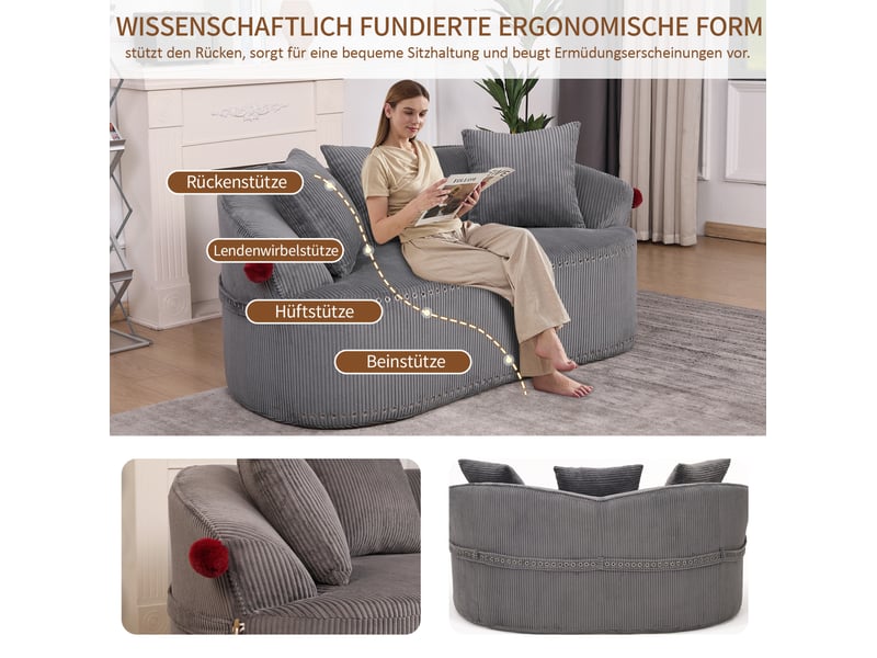  Canapé 2 places velours côtelé gris foncé 163x93x68 cm, forme arrondie, 3 coussins inclus  - Conforama E