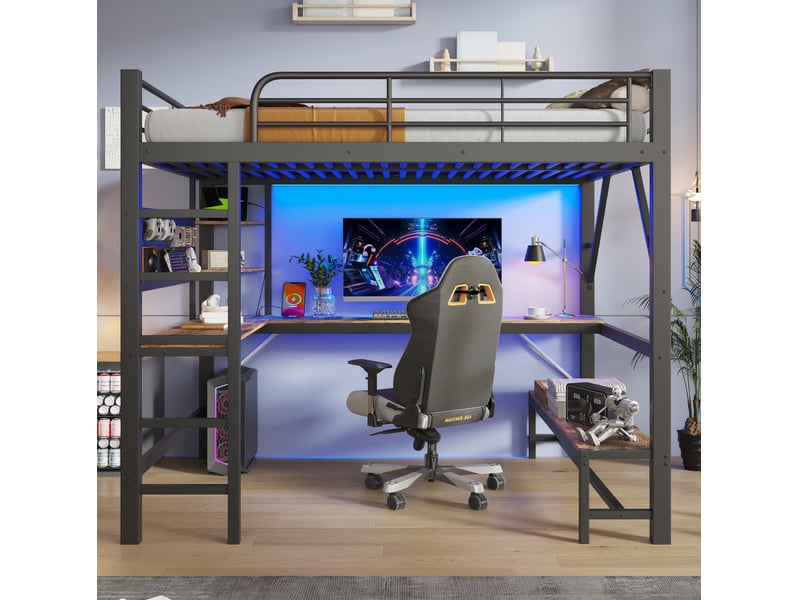  Lit mezzanine 160x200 cm avec bureau, led et prises usbtype-c noir  - Conforama B