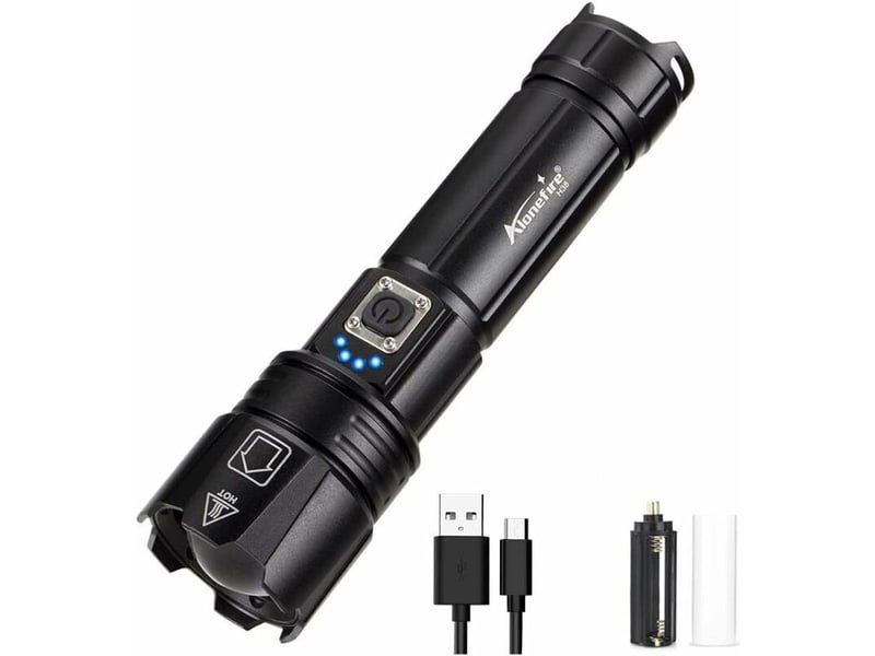 H38 lampe de poche led tactique ultra puissante élevés super lumineuse zoomable rechargeable étanche 5 mode avec puissance de sortie, batterie lithium - Conforama A