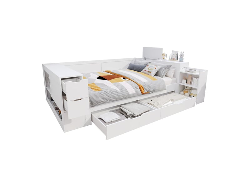  Lit coffre 140x200, tiroirs et placards lit double, sommier inclus, table de nuit intégrée, structure bois massif  - Conforama A