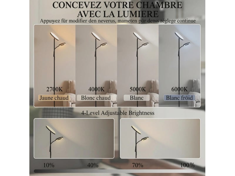 Lampe sur pied led noire 42 w à double éclairage, réglable 2700 à 6500 k avec télécommande et 4 modes  - Conforama D