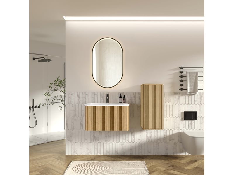 Ensemble meuble de salle de bains avec lavabo, meuble suspendu 81x46,5x37 cm, miroir led 50x80 cm et colonne, mdf, coloris chêne - Conforama B