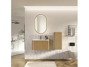 Ensemble meuble de salle de bains avec lavabo, meuble suspendu 81x46,5x37 cm, miroir led 50x80 cm et colonne, mdf, coloris chêne