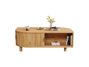Table basse 100x50x35 cm bois clair, 2 portes à enroulement, pieds bois, mdf