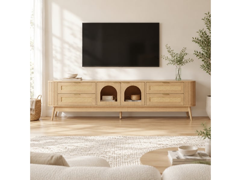  Meuble tv 180 x 40 x 50 cm avec 4 tiroirs, portes en verre de sécurité et led  - Conforama B