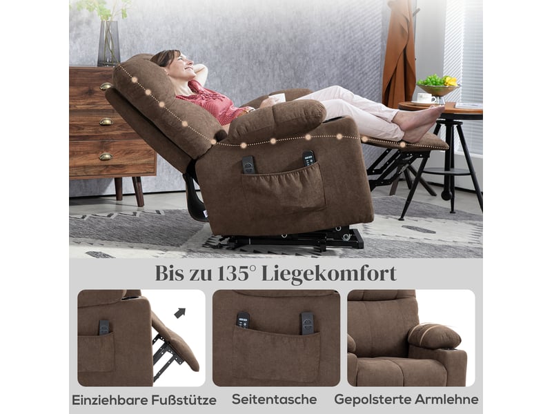 Fauteuil releveur électrique marron, fauteuil relax inclinable à 135 degrés avec massage et chaleur lombaire pour salon - Conforama B