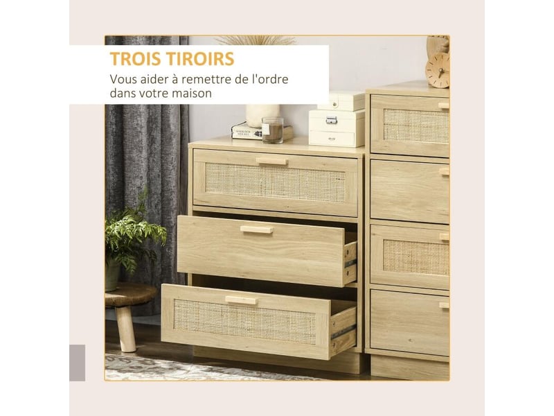  Commode design bohème en rotin avec 3 tiroirs, meuble de rangement pour le salon, le couloir, l'entrée, bois naturel  - Conforama D