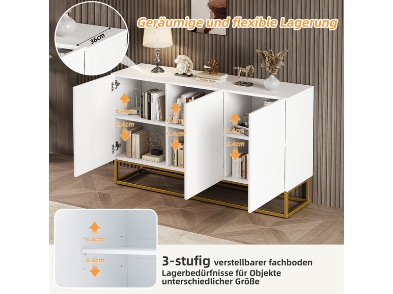  Buffet de cuisine blanc laqué brillant 130x38x76 cm, meuble rangement moderne avec 3 portes et étagères ajustables  - Conforama C