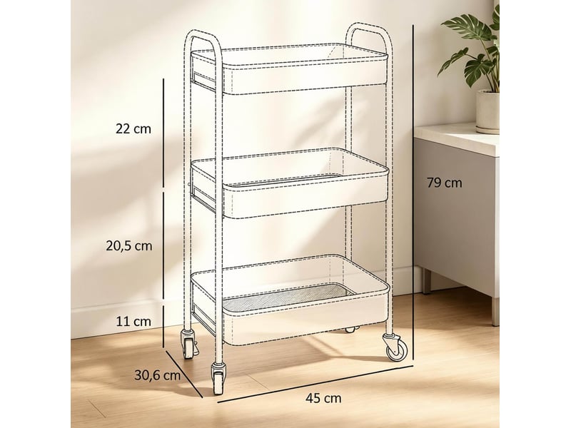  Desserte roulante 45 x 30,6 x 79 cm – bleu clair – 3 plateaux ouverts en acier, 4 roulettes et 2 freins  - Conforama C