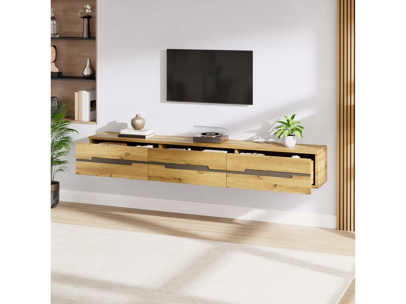  Meuble tv suspendu, 160 x 30 x 25,5 cm, aspect bois, avec 3 tiroirs et poignées invisibles, pour salon  - Conforama D