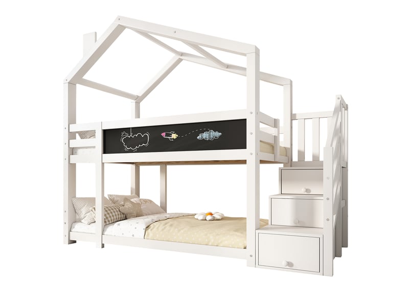  Lit superposé enfant 90x200 cm maison avec échelle rangement, tableau noir, garde-corps sécurité, 2 sommiers à lattes en bois - blanc (sans matelas)  - Conforama A