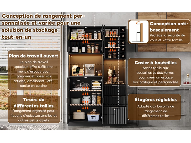  Buffet de cuisine avec led, 3 tiroirs, casier à vin et prises, noir, 105 x 40 x 180 cm  - Conforama D