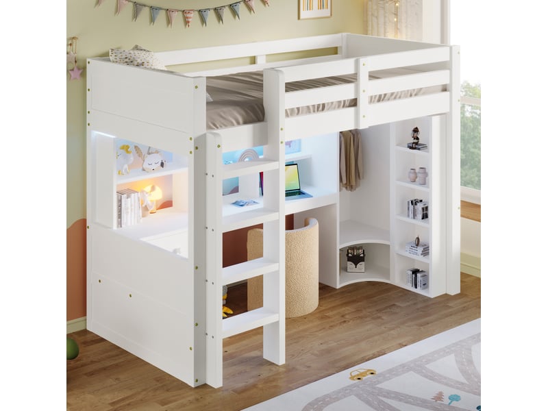  Modenvie lit mezzanine 90x200 cm - avec led, bureau et rangement, sans matelas - blanc  - Conforama B