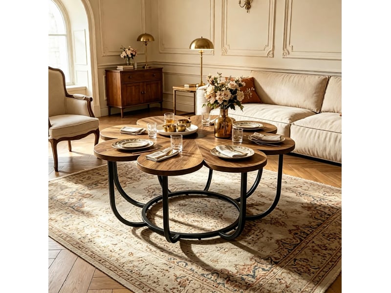 Table basse ronde en forme de fleur 100 cm, bois et métal noir et marron, pieds réglables pour le salon - Conforama D