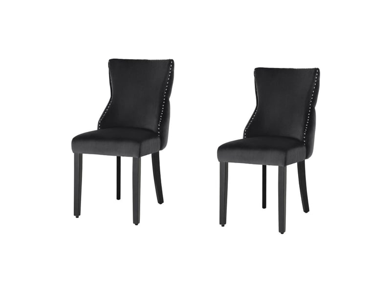  Lot de 2 chaises chesterfield regina noires en velours – dos capitonné, tête de lion argentée et pieds en bois d'hévéa  - Conforama A