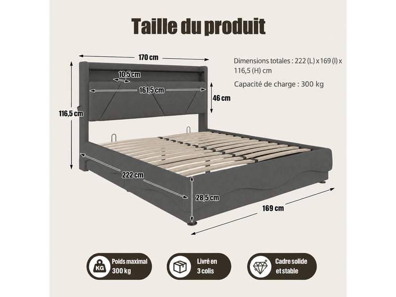  Lit coffre 160 x 200 cm en velours gris foncé, tête de lit avec led, rangement intégré et ports usb type-c  - Conforama C