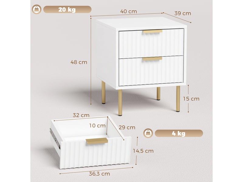  Table de chevet, table de nuit cannelée avec 2 tiroirs et pieds en acier, salon, pour chambre à coucher, blanc  - Conforama C