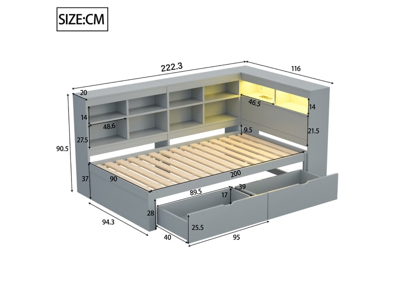  Lit banquette enfant 90 x 200 cm avec led, usb, tiroirs et rangements, bois, gris Fay Lum - Conforama C