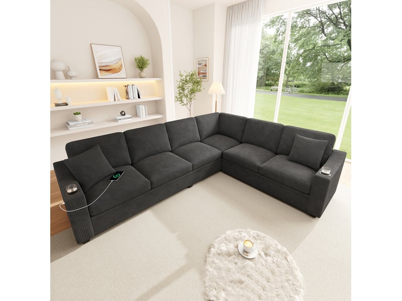  Canapé d'angle modulable 6 places en velours côtelé gris avec usbtype-c, porte-gobelets et coussins  - Conforama C