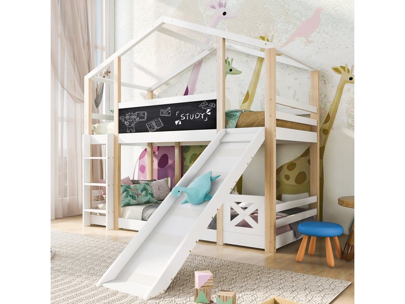 Lit superposé enfant 90x200 cm- lit cabane avec toboggan - tableau noir - échelle - garde-corps - 2 sommiers - blanc et naturel  - Conforama B