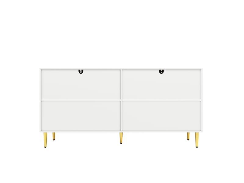 Buffet bas 152x40x75 cm blanc en mdf, 4 portes avec poignées dorées et façade au design ondulé - Conforama D