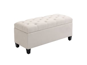 Banc coffre tcqpz blanc crème 100 x 40 x 44 cm en polyester aspect lin pieds en bois d’hévéa