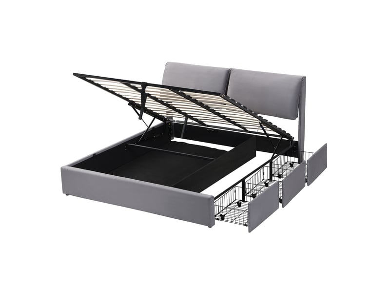  Lit coffre hydraulique 160 x 200 cm, lit double avec tête de lit rembourré et 3 tiroirs, velours gris  - Conforama A
