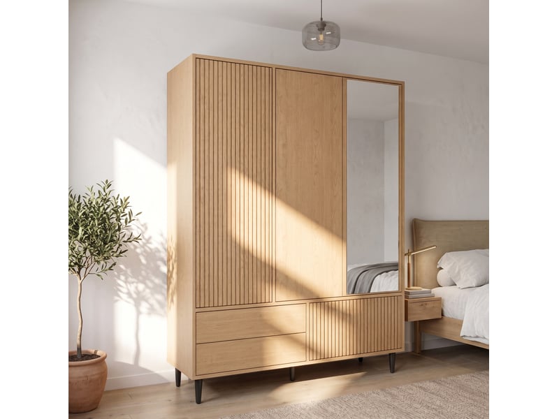 Armoire 3 portes 135x45x200 cm effet chêne clair avec miroir et 3 tiroirs - Conforama D