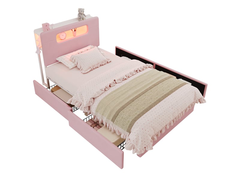  Lit enfant simple 90x200 cm avec 4 tiroirs et led, rose  - Conforama A