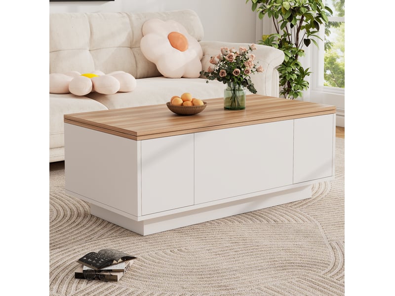  Table basse 100x50x55.5 cm à double plateau relevable en panneaux de particules blanche  - Conforama B