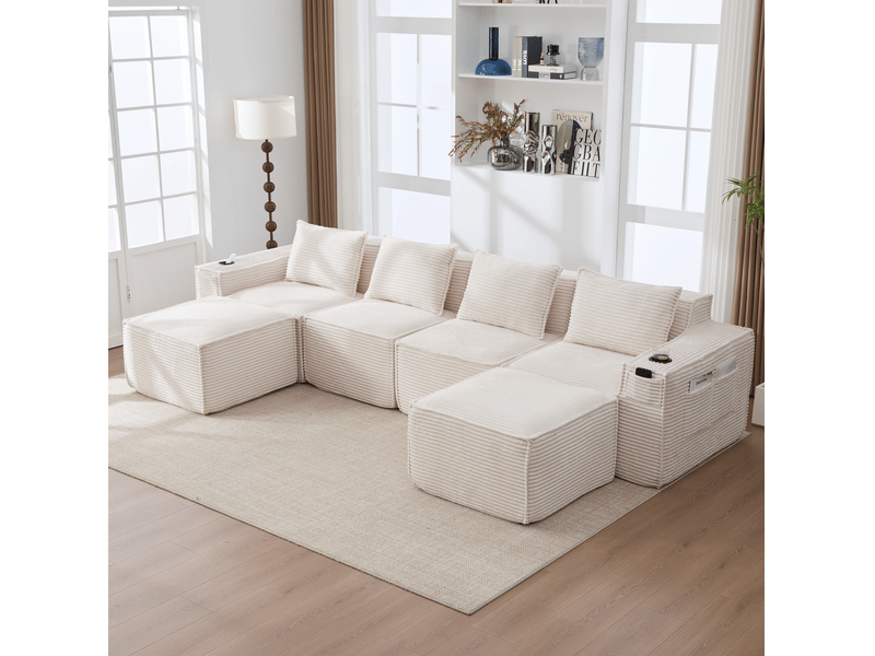  Canapé droit modulable 4 places, 330x162x75cm, avec 2 poufs, porte-gobelets, rangements latéraux, velours côtelé, beige  - Conforama E