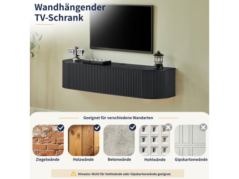  Meuble tv mural,140x32x30 cm,avec rangement et passe-câbles,mdf,noir  - Conforama E