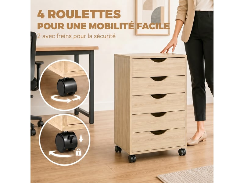  Caisson bureau mobile, meuble rangement sur roulettes avec 5 tiroirs, bois, chêne, 40 x 40 x 67 cm  - Conforama E