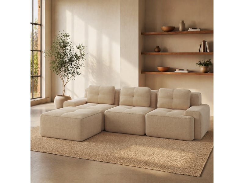  Canapé d'angle modulable 3 places avec ottoman en velours côtelé beige  - Conforama D