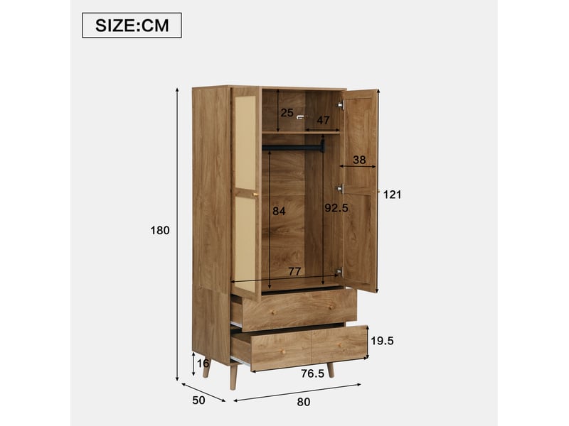  Armoire 80x50x180 cm avec 2 tiroirs et 2 portes en mdf, couleur bois foncé, design naturel, design effet rotin  - Conforama C