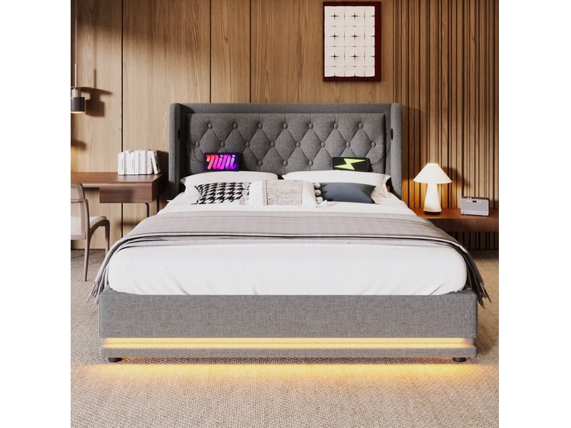  Lit coffre 160 × 200 cm 2 places avec led, usb et type-c, tête de lit rembourrée, matelas inclus, coton gris  - Conforama C