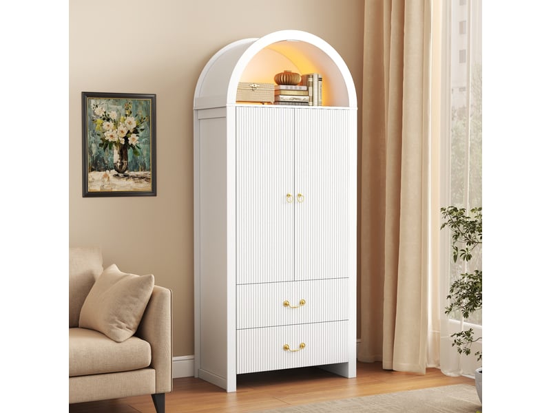  Vaisselier haut 76x38x180 cm, led par application, 2 portes, 2 tiroirs, niche cintrée, façade rainurée, rangement - blanc  - Conforama B