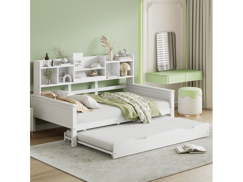Lit banquette gigogne 90x200 cm avec couchage 90x190 cm et rangement, blanc - Conforama B
