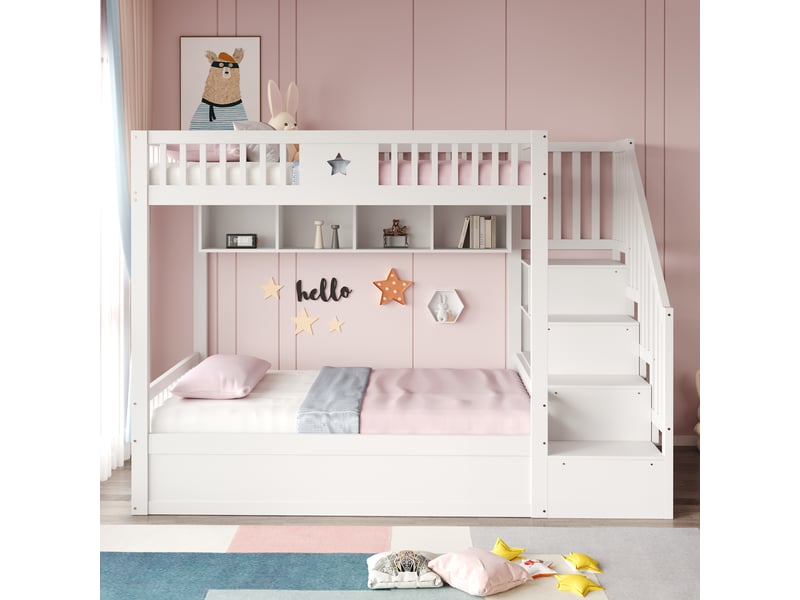 Lit superposé 140x200 cm avec couchage inférieur hydraulique, escalier de rangement et étagères, pour chambre ado, bois, blanc Sol Morn - Conforama D