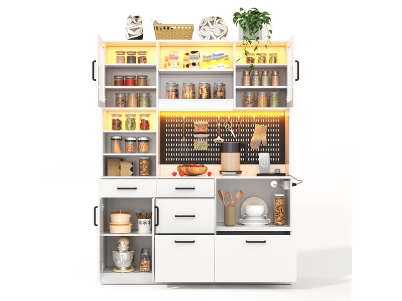  Buffet de cuisine haut avec 5 tiroirs, étagères réglables, éclairage led et prises, blanc, 145 × 40 × 185 cm  - Conforama A