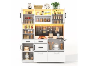 Buffet de cuisine haut avec 5 tiroirs, étagères réglables, éclairage led et prises, blanc, 145 × 40 × 185 cm