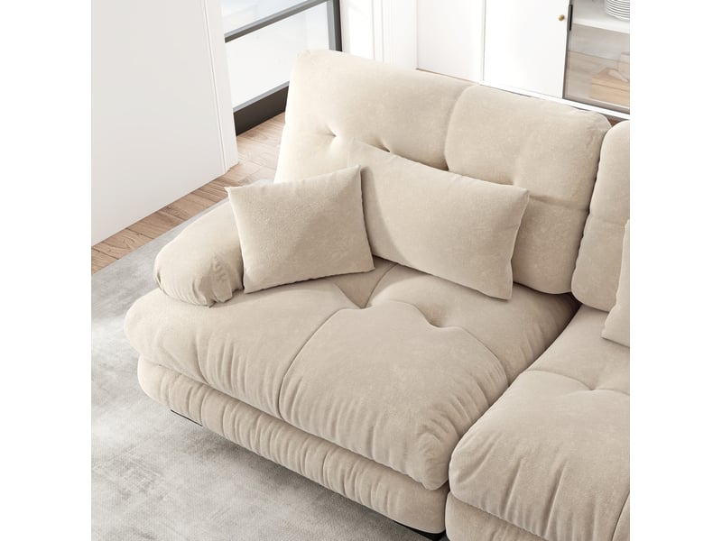  Canapé modulable 4 places 406x145x81 cm, pouf mobile, effet nuage confortable, tissu chenille, brun clair  - Conforama D