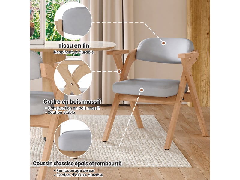  Lot de 2 chaises pliantes avec accoudoirs en bois massif et lin gris, assise rembourrée, style nordique, salle à manger  - Conforama D