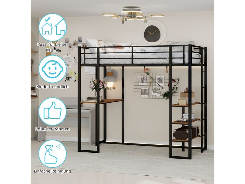 Lit mezzanine 90x190cm, bureau en l, 2 échelles, lit ado - avec échelle - lit simple - gardecorps sécurité - noir  - Conforama D