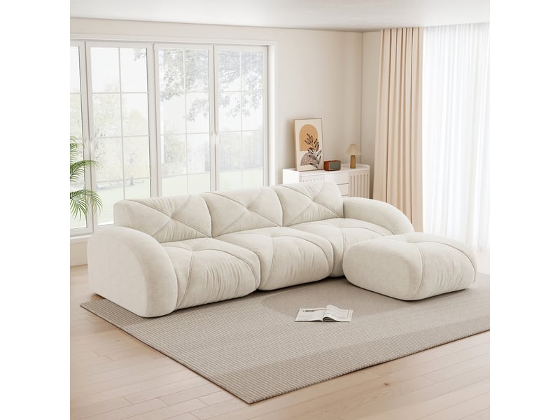 Canapé d'angle modulaire avec assise en mousse 32d et base antidérapante, en chenille beige clair - Conforama B