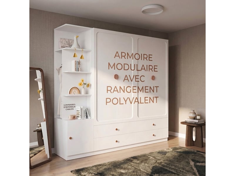  Armoire 3 portes 120x50x200 cm blanche et bois avec 2 penderies  - Conforama C