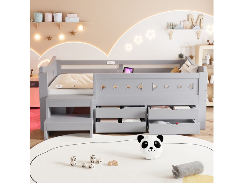  Lit enfant 90x200 cm avec rangements, led et ports usbtype-c coloris gris  - Conforama B